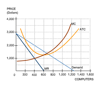 Hypothetical cost and revenue curves for a computer producer